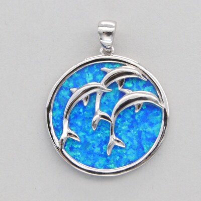 Round Blue FIRE OPAL Three Dolphin Pendant - 925 STERLING SILVER - Rhodium #31e
