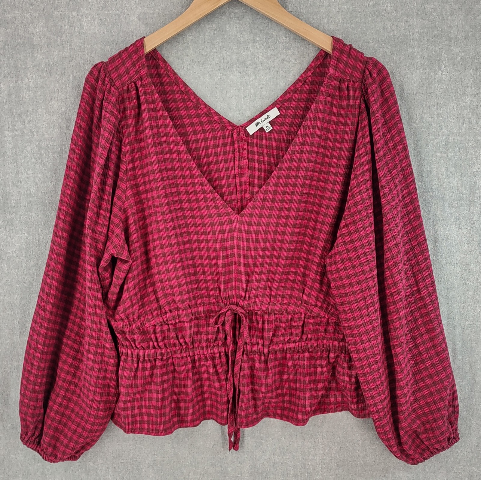 Madewell Womens XL Red Bohemian Crinkle Plaid Peplum Top Long Sleeve V-Neck