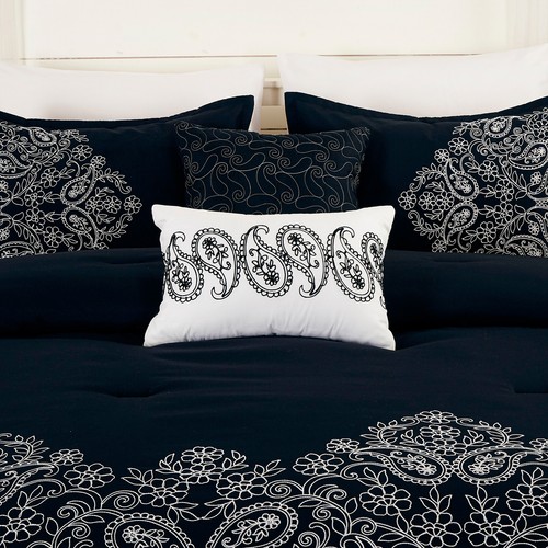 7-Piece Black White Bedding Set Floral Scroll Embroidered Paisley Comforter Set - Picture 6 of 7