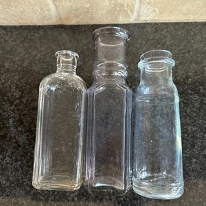 3 VTG Clear Glass Apothecary Bottles Set Lot 1936 Aqua Violet Bud Vase 6"-8.5"