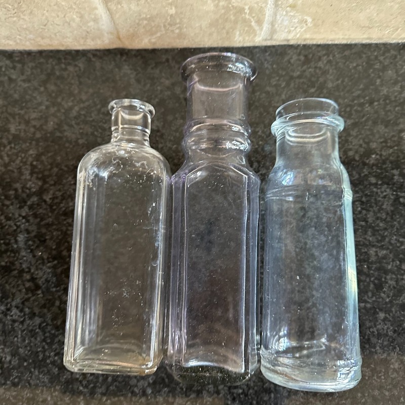 3 VTG Clear Glass Apothecary Bottles Set Lot 1936 Aqua Violet Bud Vase 6"-8.5"