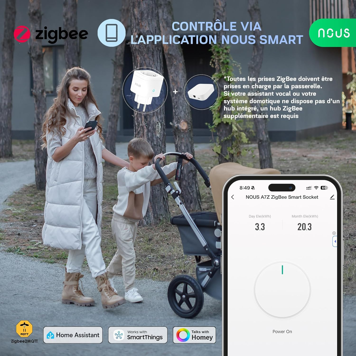 Prise connectée Zigbee A7Z 16A avec suivi consommation blanc