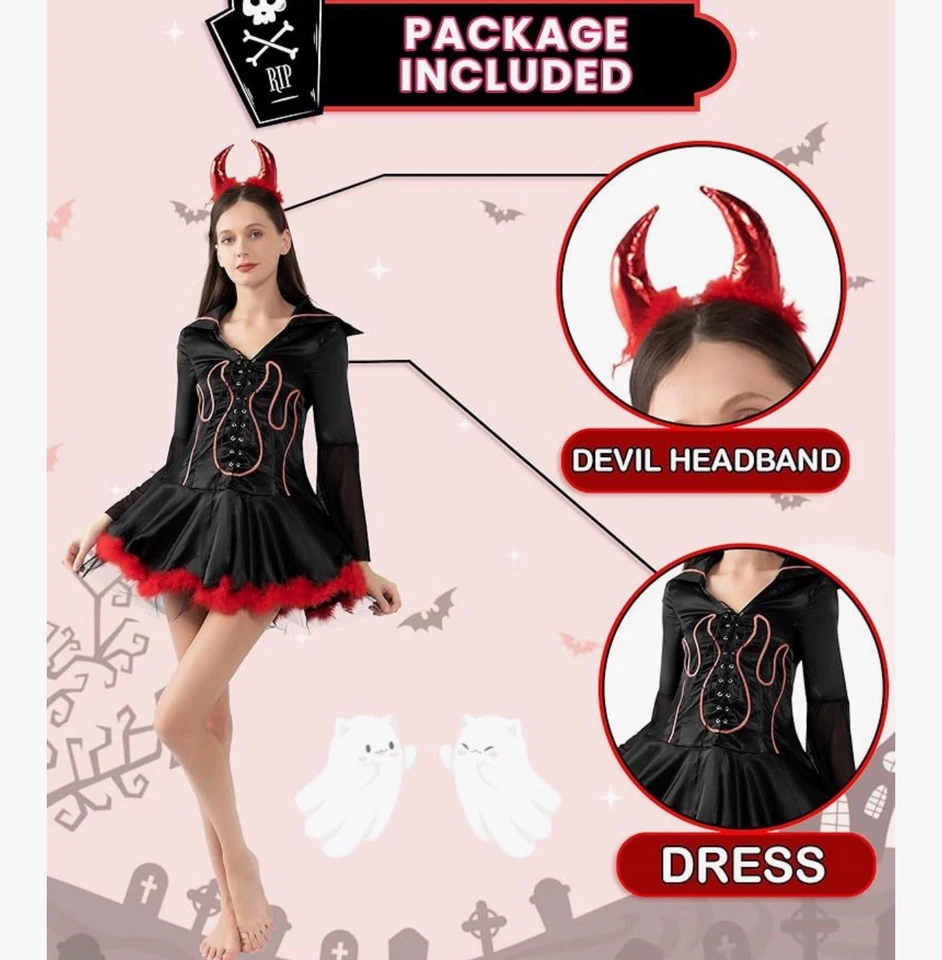 Disfraz de Halloween KatchOn (L) Diablo Ella Diablo Juegos con disfraces Corsé Llama Vestido de Pluma Foto 3 de 4