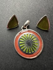 Malcolm Gray Ortak 925 Silver Enamel Pendant & Earrings Set Green/Orange
