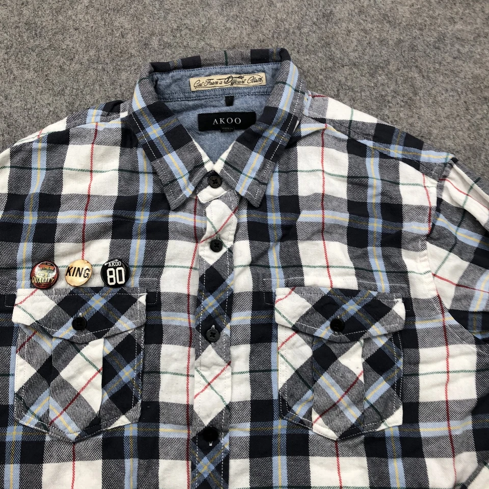 Akoo Shirt Mens Large Blue White Plaid Flannel Long Sleeve Patch Elbow Western - Image 4 of 4