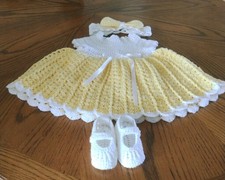 Crocheted Soft Yellow Baby Dress, Shoes Headband In NEWBORN-3 Months