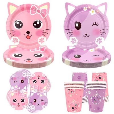 Cat Birthday Party Supplies Set Kitten Tableware Plates Cups Straws Serves 20