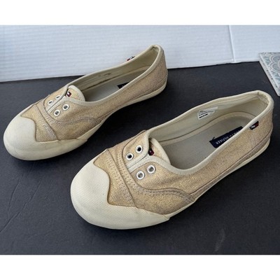 Tommy Hilfiger Astra Canvas Ballet Flat Gold Cream Shimmer Slip On Sneaker Sz 7