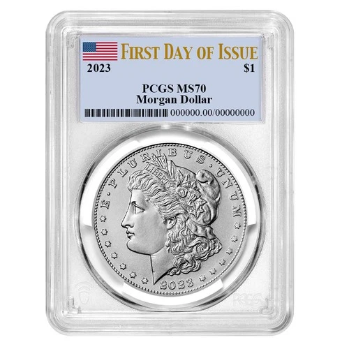 2023 $1 Morgan Silver Dollar PCGS MS70 FDOI Flag Label