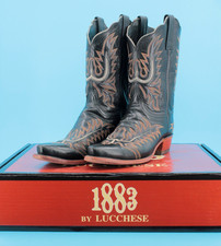 VTG Women's Lucchese 1883 Black W/ Tan Stitching Western Boots Sz 10 B N4565
