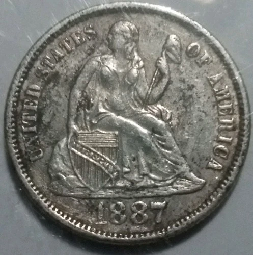 1887 AU/BU Rare Antique Seated Liberty Dime Coin 90% Silver 138 Years Old! Unc!
