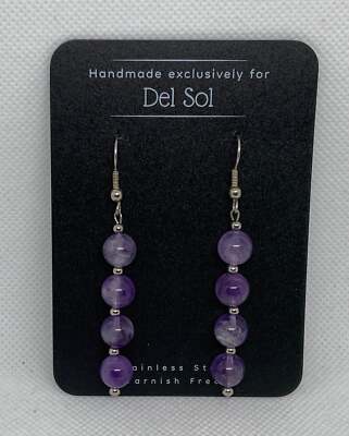 Genuine Amethyst stone earrings with hypoallergenic stainless steel beads and ea
