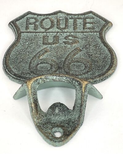 US Route 66 Beer Bottle Opener Wall Mounted Rustic Cast Iron Verdigris Finish - Picture 6 of 8