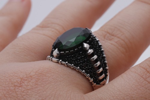 Turkish Style Handmade Jewelry Oval Shape Emerald 925 Sterling Silver Men's Ring - Picture 7 of 9