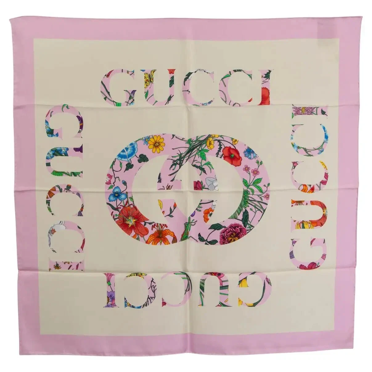 Foulard vintage soie imprimé floral rose GUCCI NEUF 100% authentique GG 90x90 CM