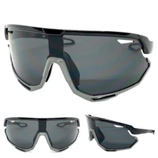 Oversized RETRO SPORTY WRAP AROUND Shield Cycling SUN GLASSES Large Black Frame