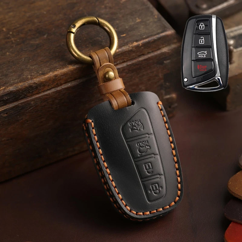 Funda de cuero genuino para llavero de coche para Hyundai Santa Fe Sonata Elantra Azera Foto 4 de 4
