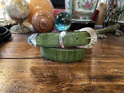 Pat Areias Caiman belt with sterling silver southwestern style buckle. Pat Areias Southwestern Sunburst Sterling Silver Belt Buckle  main image 3