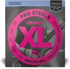 D'Addario 5-String ProSteels Bass Guitar Strings Light, 45-130, Super Long Scale