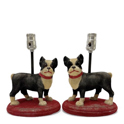 Vintage Pair of Boston Terrier Dog Flocked Plaster Table Lamps AS IS