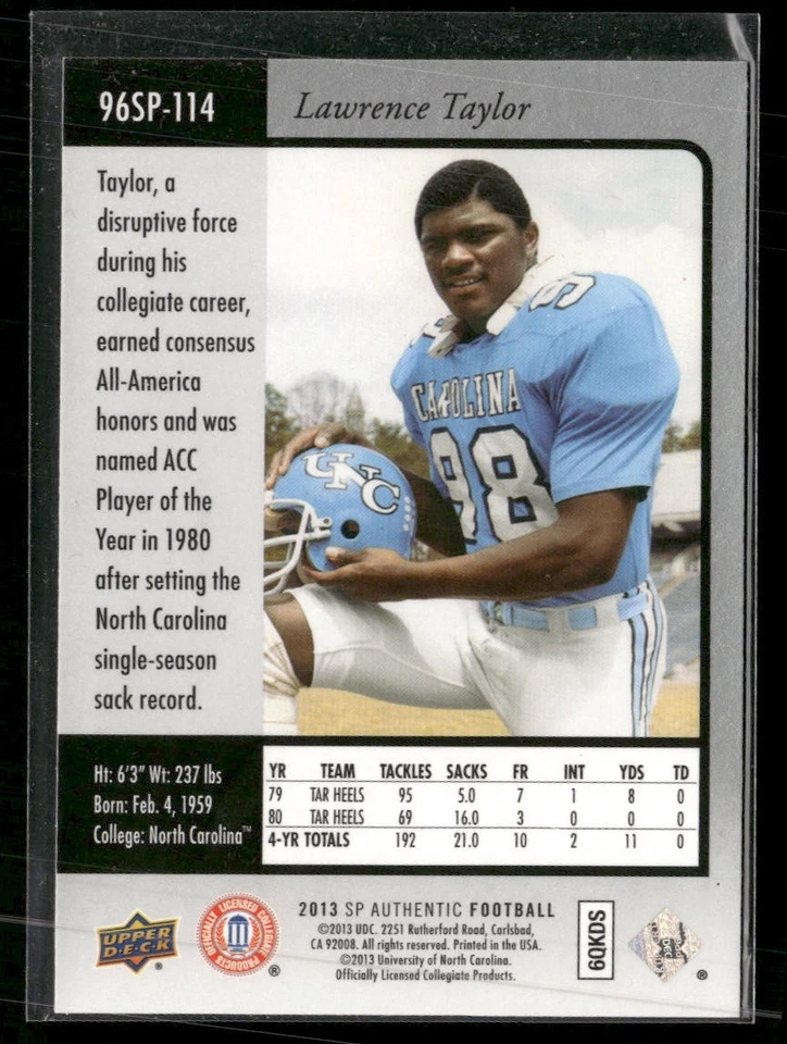 2013 SP Authentic #96SP-114 Lawrence Taylor 1996 SP - Image 2 of 2