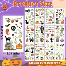 145 Styles Halloween Tattoos for Kids, 12PCS Halloween Luminious Tattoos, Glow i