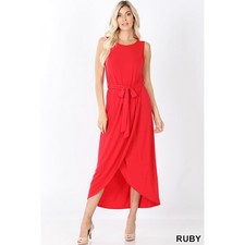 Ruby Red Tulip Dress Belted Sleeveless - Hi-Low Maxi Red Dress