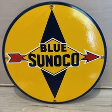 VINTAGE BLUE SUNOCO GASOLINE PORCELAIN SIGN DEALERSHIP GAS STATION MOTOR OIL