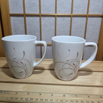 Corelle Coordinates Splendor Coffee Mugs/Cups Set Of 2 Porcelain Red Gray Swirl 