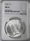 1922-P  $1 PEACE SILVER DOLLAR  "PHILADELPHIA MINT"  NGC MS61 #8678135-003