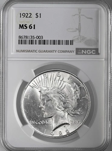 1922-P  $1 PEACE SILVER DOLLAR  "PHILADELPHIA MINT"  NGC MS61 #8678135-003