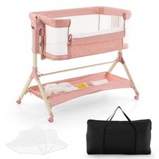 Height Adjustable Bedside Sleeper Baby Crib with Storage Bag Pink