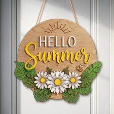 Daisy Door Hanger Hello Summer, Layered Wood Farmhouse Porch Decor Door Sign