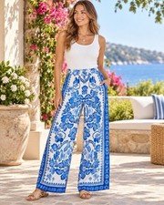 Umgee Blue Floral Border Print Wide Leg Pants XL NWT