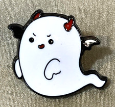 NWOT White Ghost Brooch Lapel Pin Enamel Halloween Red Horns Black Wings