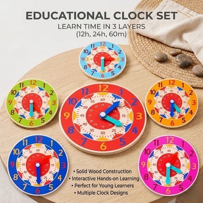 Wooden Learning Clock Toy Kids Time Teaching Puzzle Colorful Educational