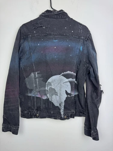 Giacca camionista aerografo Amiri in denim nero ululante lupo luna taglia large