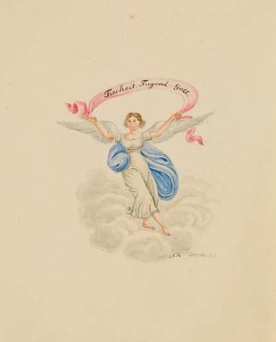 MÜLLER (19.Jhd), Glückwunschkarte mit Engel, 1835, Aq. Biedermeier Mode