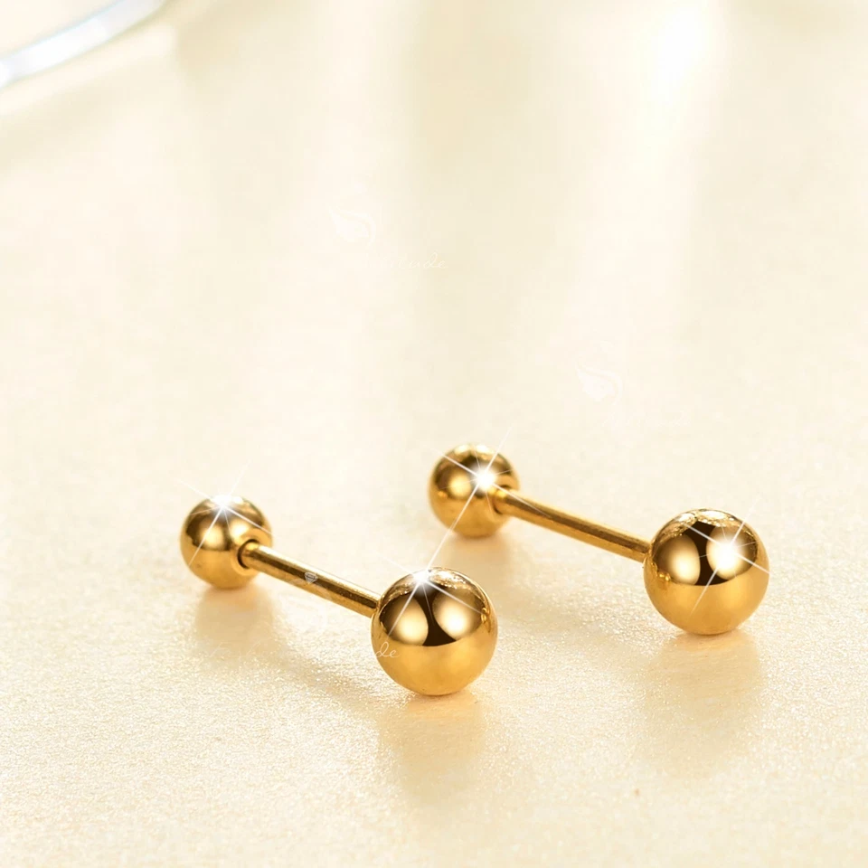 silver gold earrings stainless steel simple ball stud screw on 4mm Foto 3 de 4