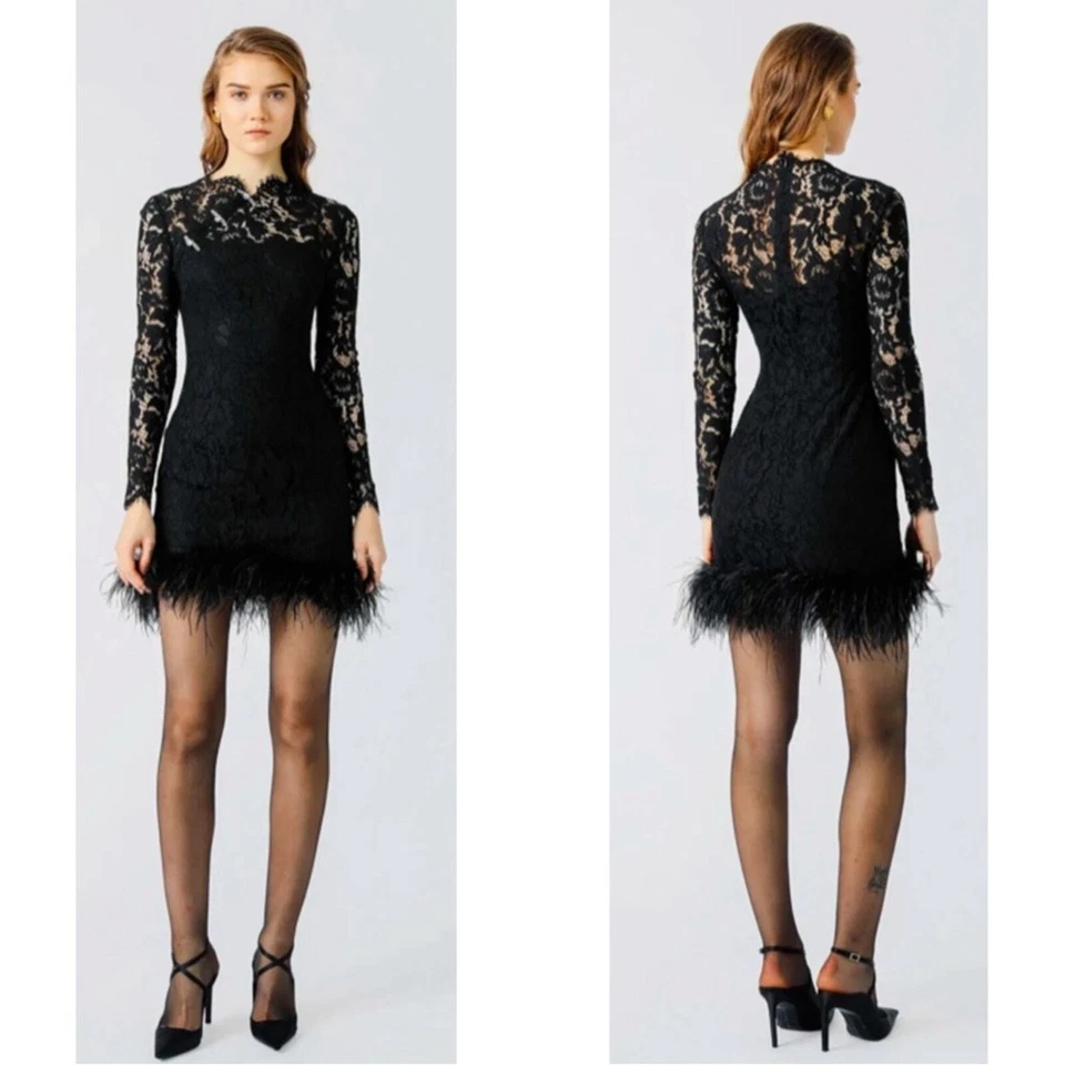 Mini Vestido Sau Lee Mara Encaje Pluma Dobladillo Manga Larga Adornado Negro Talla 0 Foto 2 de 4