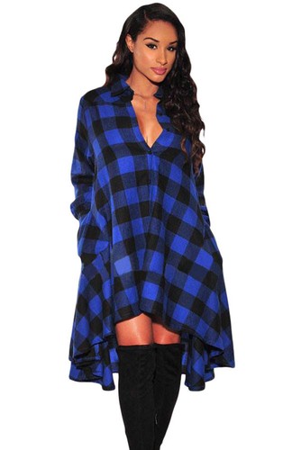 Blue u0026 Black Check Print Flared hi lo Shirt Dress Plaid Tartan Long Sleeves  | eBay