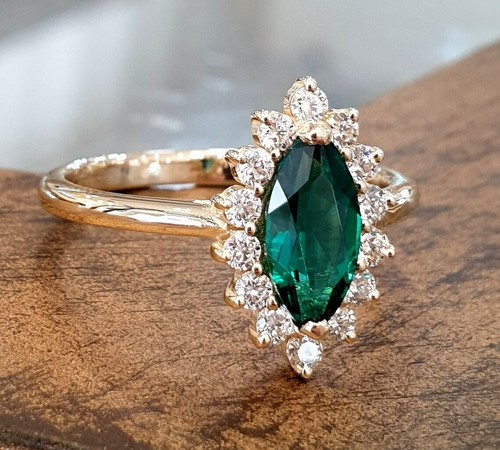 Green Emerald Halo Ring Lab Created Gemstone Marquise Cut 925 Sterling Silver - Picture 3 of 6