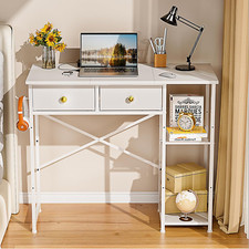 Escritorio blanco de 36", con cajones y estantes, para oficina y dormitorio.