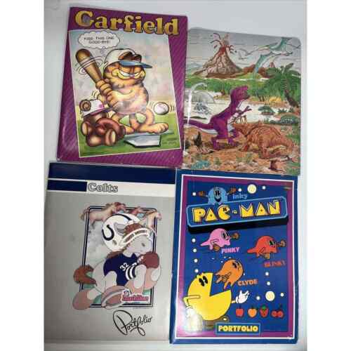 Vtg 70’s 80’s 1993 Lot Of 4 School Folders Garfield PAC-Man Colts Football - Picture 1 of 23