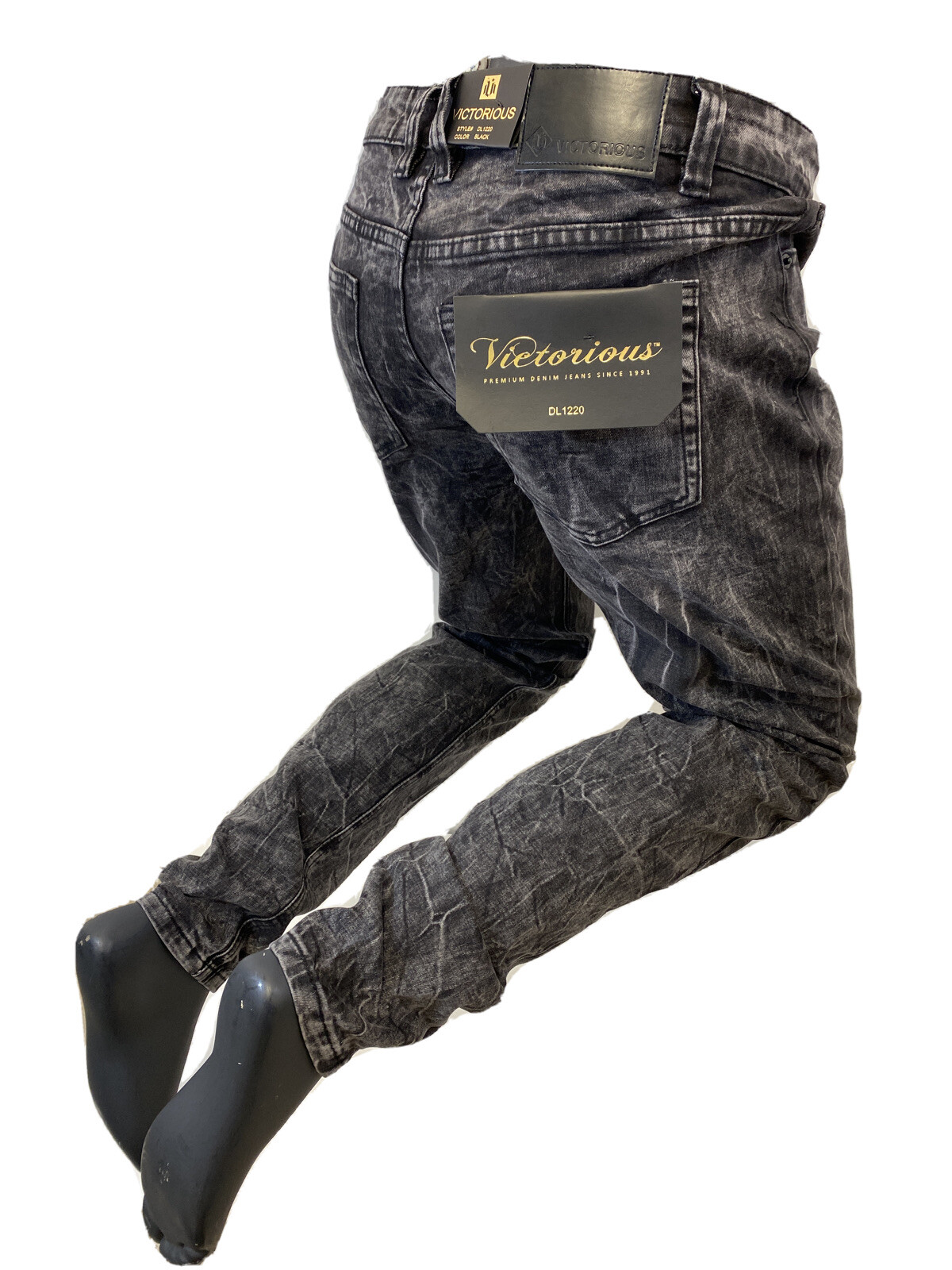 Mens Jean VICTORIOUS SKINNY LEG FIT BLACK DENIM ZIPPER POCKET BIKER