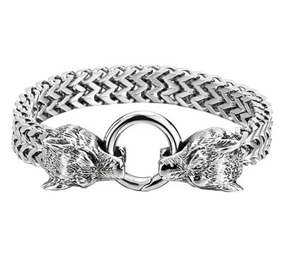 Men's Jewelry Stainless Steel Double Headed Wolf Head Bracelet Punk Wear 103