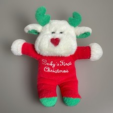 Vintage 90s CARTERS Baby's First Christmas Plush Reindeer Terry Cloth White Red