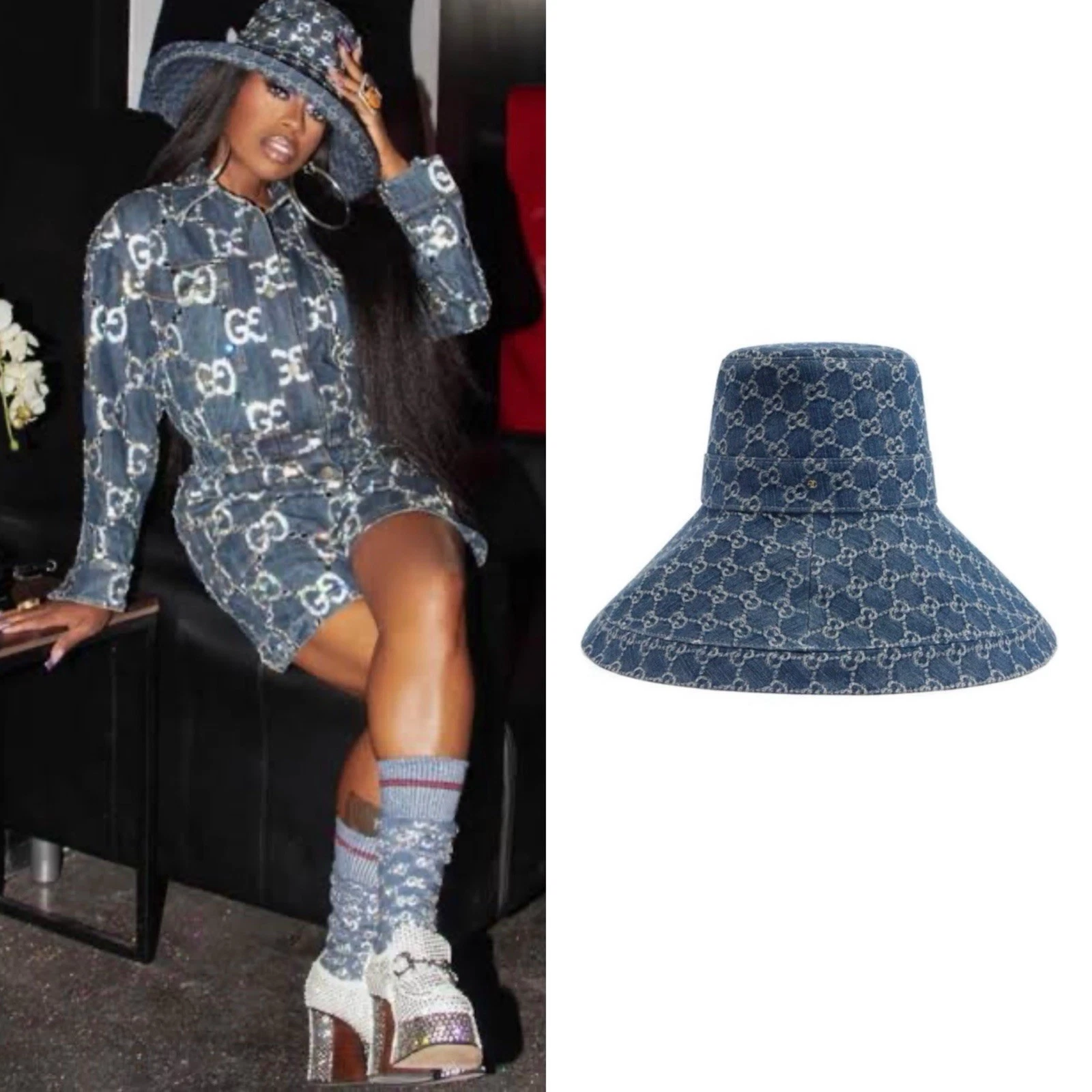 Auth GUCCI GG Canvas Wide Brim Hat Blue Eco Denim Bucket Sun Hat Incl Dust Bag M