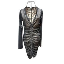 Fashion Nova Sheer Black Ruched Long-Sleeve Bodycon Dress Large