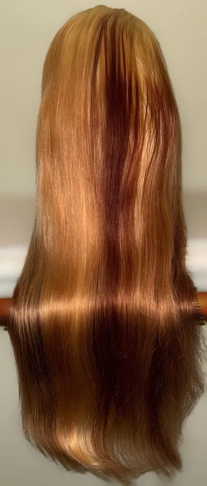 Preciosa peluca de cabello humano, destacada exclusivamente, rubia con rayas marrones, 28 pulgadas, 100 % Foto 2 de 4